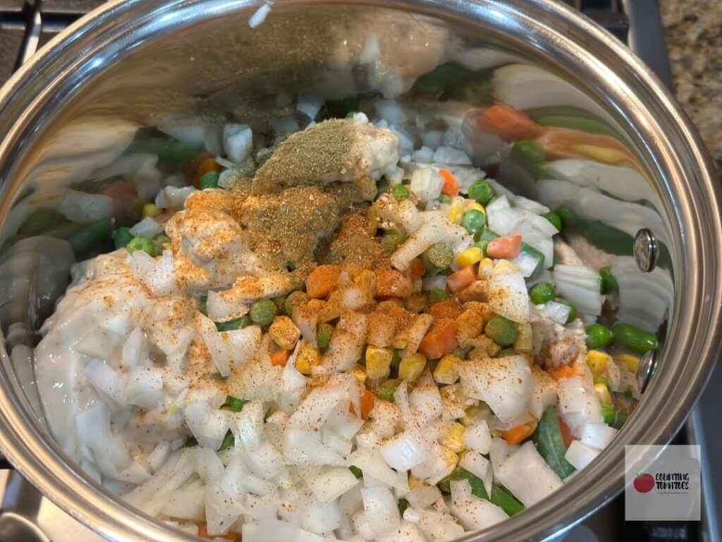 Cooking Chicken Pot Pie Ingredients in Pan